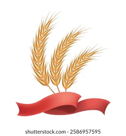 Harvest ears and red ribbons. Wheat cereal colorful emblem isolated vector illustration