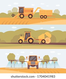 Harvest farm banner set - agricultural machinery on wheat field - industrial machines collecting crops, rolling hay and doing water irrigation. Flat vector illustration. svg