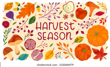 Harvest fest banner with hand drawn autumn seasonal elements.Vegetables,fruits,pumpkins,forest mushrooms,tree branches,apples,pomegranates,leaves,berries,acorns.Trendy fall vector illustrations.