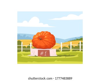 Harvest Fest Contest Semi Flat Vector Illustration. First Place Ripe Pumpkin. Village Autumnal Event. November County Fair Competition Winner 2D Cartoon Characters For Commercial Use