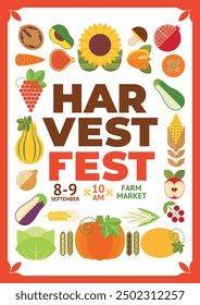 Harvest Festival abstract geometric poster with icons of vegetables and fruits. Background, flyer, announcement, advertisement