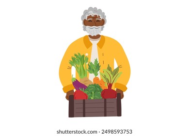 Harvest festival. Autumn, harvest and Thanksgiving concept. Man with box of vegetables isolated on white.