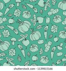 Harvest festival. Autumn vector seamless pattern of vegetables and mushrooms. Hand drawn background for textile, design, book and diary covers, wallpapers, print, gift packaging, scrapbook, printing