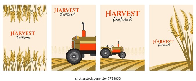 harvest festival background and field , A set of vertical banners with stylized wheat and a tractor over rolling farmland,with warm tone, Ideal for promoting a harvest festival event.