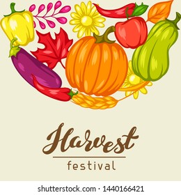 Harvest festival background with fruits and vegetables. Autumn seasonal illustration.