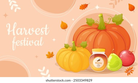 Harvest festival background with pumpkin, apple, pear and honey. Autumn banner concept.