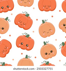 Harvest festival background. A ripe pumpkin with a cute face. Seamless pattern with kawaii vegetable character