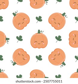 Harvest festival background. A ripe pumpkin with a cute face. Seamless pattern with kawaii vegetable character