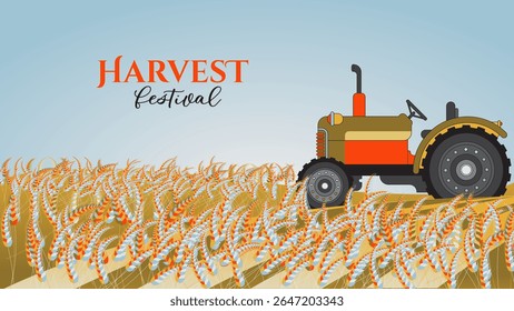 Harvest festival background, with a vintage tractor under a clear sky. Detailed crop pattern and bold text highlight a rural harvest setting. Ideal for promoting a Harvest Festival event or flyer.