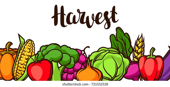 Harvest festival banner. Autumn illustration with seasonal fruits and vegetables.