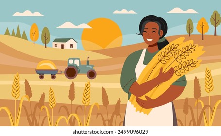 Harvest festival banner. Happy harvest poster. Autumn, harvest and Thanksgiving concept. Bread concept. Woman with wheat in the background of the field.