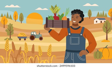 Harvest festival banner. Happy harvest poster. Autumn, harvest and Thanksgiving concept. Man with box of vegetables in the background of the field.