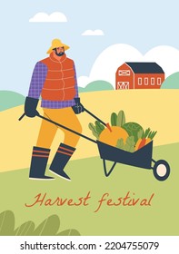 Harvest Festival Banner Or Poster Mockup With Farmer Working In Garden, Flat Cartoon Vector Illustration. Autumn Season Farm Market And Harvest Fair Advertising Banner.