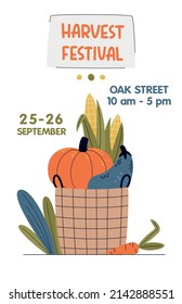 Harvest Festival Banner, Poster Template. Big Basket With Seasonal Vegetables And Hand Lettering Sign. Farm Market Or Eat Local Concept. Buy Fresh Organic Products From The Local Farmer’s Market