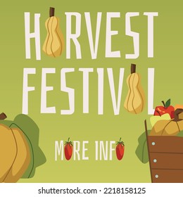 Harvest festival banner or poster for web mockup, flat cartoon vector illustration. Autumn seasonal vegetables and fruits sales and markets banner or poster.