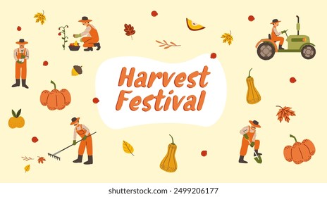 Harvest festival. Banner with tractor, farmer, and vegetables. Agricultural fair. Farmers market. Autumn background. Vector flat illustration. 