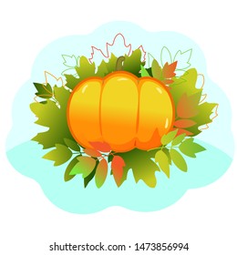 Harvest festival. Big yellow pumpkin surrounded by autumn colorful leaves. The farmers ' market. Organic eco vegetable. Vector illustration