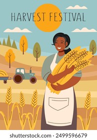 Harvest festival card. Happy harvest poster. Autumn, harvest and Thanksgiving concept. Bread concept. Woman with wheat in the background of the field.