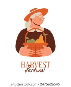 Harvest festival. Cartoon old woman in eyeglasses and hat with basket full of fruits, apple, pear. Vector illustration of grandmother character. Cute senior lady on retirement living on farm.
