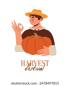 Harvest festival. Clip art with young man holding pumpkin. Boy in farmers hat showing ok sign gesture hand. Agricultural worker selling organic natural products. Flat cartoon vector illustration. 