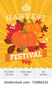 Harvest Festival Concept Layout. Cool Vector Poster, Flyer Or Banner Template On Annual Autumn Or Fall Season Public Event With Colorful Leaves, Pumpkins, Chestnuts And Sample Text