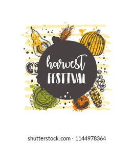 Harvest festival concept with vegetables. Locally grown. Round circle composition. Hand drawn vector illustration. Can be used for farmers market, poster, banner, sticker, logo, label, emblem.