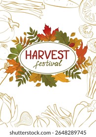 Harvest festival design featuring colorful autumn leaves and vegetables in a vector illustration. Perfect for seasonal celebrations, posters, and event promotions emphasizing fall harvest themes.