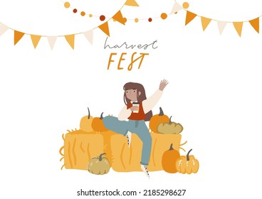 Harvest Festival or Eat Local concept poster. Farm Market banner. Farmer girl on hay and pumpkins. Fresh organic vegetables from the local farmer’s market. Cartoon flat  modern vector illustration