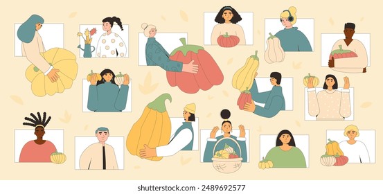 Harvest festival at farm. People with pumpkins set. Autumn ripe vegetables and characters. Vector illustration.