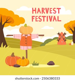 Harvest festival. Field. Autumn background. Scarecrow, mill, pumpkins in the field. Vector illustration