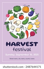 Harvest festival flyer with Cartoon vegetables. Cartoon style poster. Flat design. Advertising poster, card, banner, leaflet, promo. Farmers market concept. Organic vegetables round frame