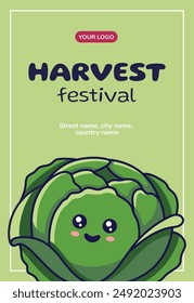 Harvest festival flyer with Kawaii cabbage character. Advertising poster, banner, leaflet. Farmers market concept.