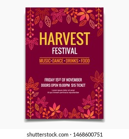 Harvest Festival flyer or poster template. Autumn leaves Design for Invitation or Autumn Holiday Celebration Poster