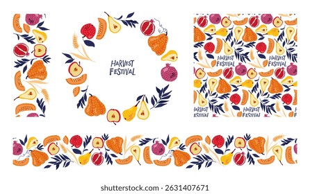 Harvest Festival. Frame, border and seamless patterns With fruits and vegetables for advertising and packaging. Vector Summer or Autumn Repeated background for farm productions, sales, fairs