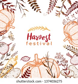 Harvest festival. Frame with vegetables. Pumpkin, carrots, potatoes, beets, leaves, twigs, flowers.