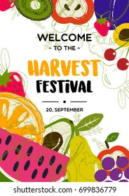 Harvest festival. Fruits poster. Design concept for fall party invitation, flyer, banner, poster.