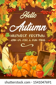 Harvest festival greeting or invitation card vector illustration. Hello autumn join us for a fun time festive template with foliage, rowan berries, pumpkin, corn and apple. Fall celebration design