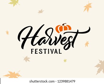 Harvest Festival hand drawing. lettering Harvest Festival with pumpkin and leaf. Modern calligraphy. Handwritten vector illustration on white background for cards, posters, banner