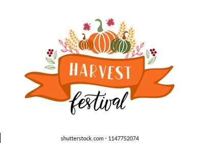 Harvest Festival - hand drawn lettering phrase and autumn harvest symbols. Harvest fest poster design. Vector illustration. Isolated on white background.