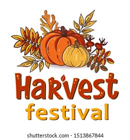 Harvest Festival hand drawn lettering text with autumn leaves and pumpkins. Rowan and oak leaves with gourds and dog-rose. Fall season elements for thanksgiving. Autumn harvest fest. Vector design