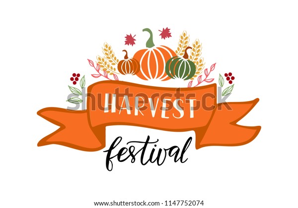Harvest Festival - hand drawn lettering\
phrase and autumn harvest symbols. Harvest fest poster design.\
Vector illustration. Isolated on white\
background.