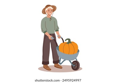 Harvest festival. Happy harvest poster. Autumn, harvest and Thanksgiving concept. Man with cart with big pumpkin isolated on white.