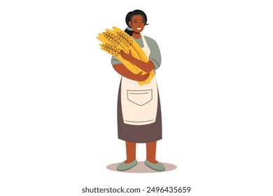 Harvest festival. Happy harvest poster. Autumn, harvest and Thanksgiving concept. Bread concept. Woman with wheat isolated on white.	