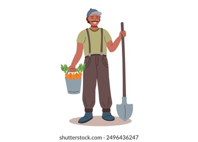 Harvest festival. Happy harvest poster. Autumn, harvest and Thanksgiving concept. Man with shovel and bucket of carrots isolated on white.