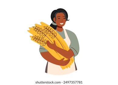 Harvest festival. Happy harvest poster. Autumn, harvest and Thanksgiving concept. Bread concept. Woman with wheat isolated on white.