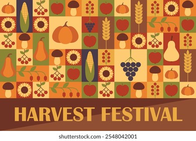 Harvest festival. Holiday design. Template for poster, background, banner, greeting card with text inscription. Vector illustration