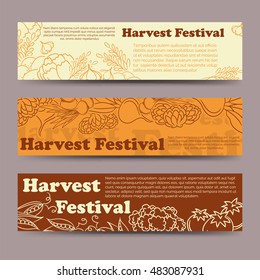 Harvest festival horizontal banners template with line vegetables. Vector illustration