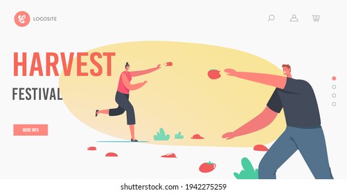 Harvest Festival Landing Page Template. Happy Characters Throw Vegetable to Eath Other Celebrate La Tomatina, Tomato Holiday, Spain Traditional Entertainment. Cartoon People Vector Illustration