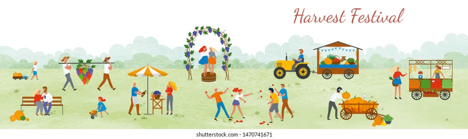 Harvest festival, man and woman outdoors celebration of holidays. Street with arcs and vineyard, females dancing on grapes market and agriculture. Funny spending time on harvest festival. Flat cartoon