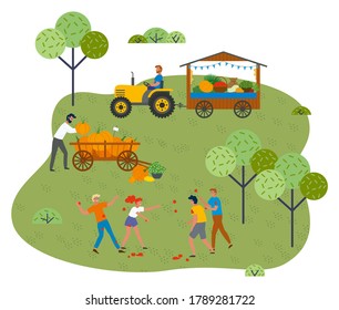 Harvest festival in park. Tractor driver carrying display case with vegetables, man rolling large cart with pumpkins, funny teenagers throwing tomatoes or apples. Cartoon trees, round foliage